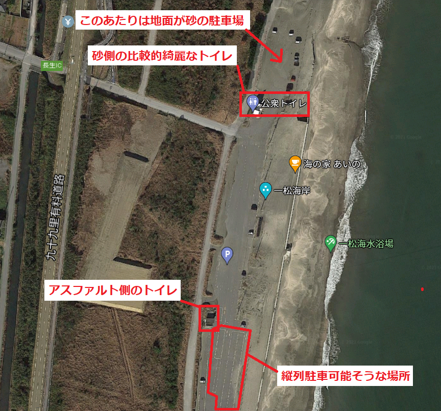 一松海岸海水浴場の駐車場の全体マップ、俯瞰図