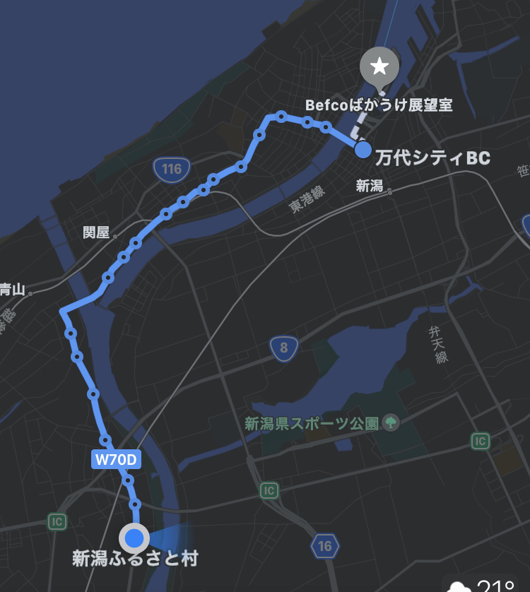 新潟ふるさと村から万代シティのバス停までのルート