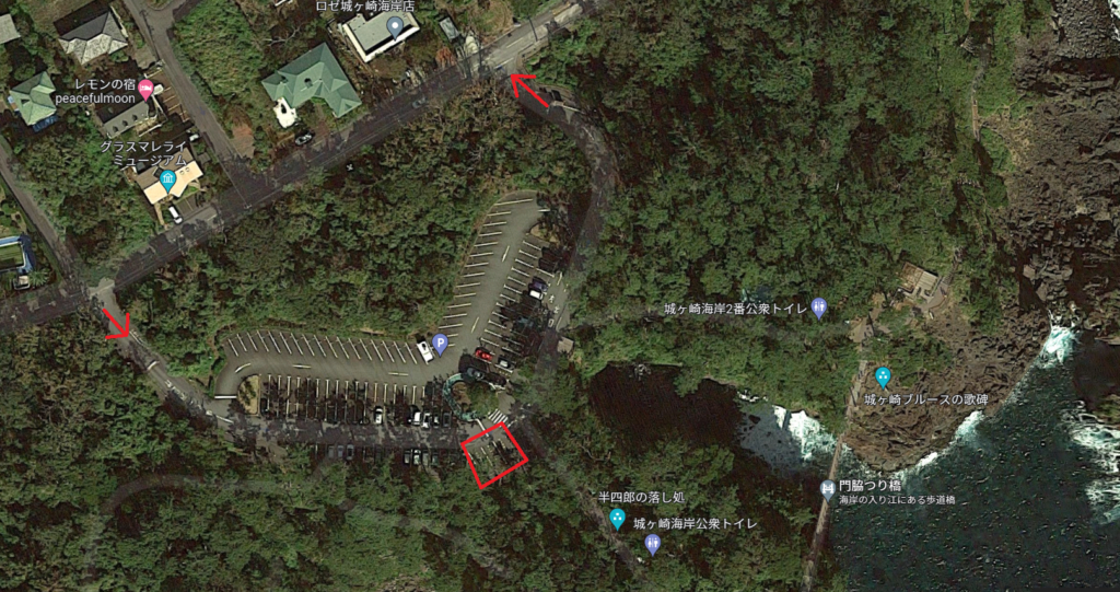 城ケ崎海岸の駐車場の「市営門脇駐車場」のトレーラーが停められる場所