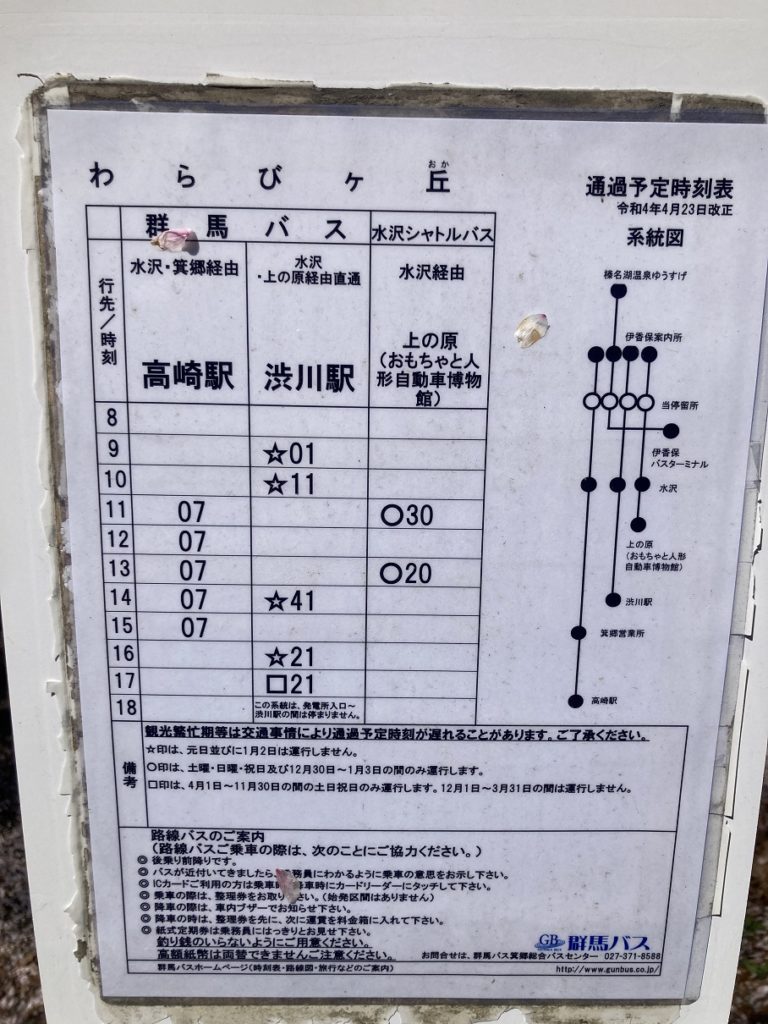 渋川市総合公園キャンプ場のバス停「わらびヶ丘」の時刻表（渋川駅行き）