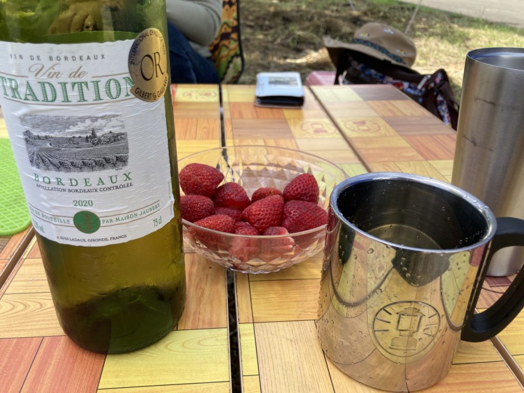 キャンプでワインと苺
