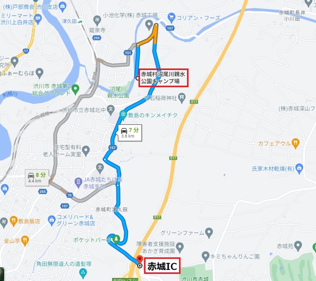 沼尾川親水公園キャンプ場への最寄りICは赤城ICを降りてからのアクセス