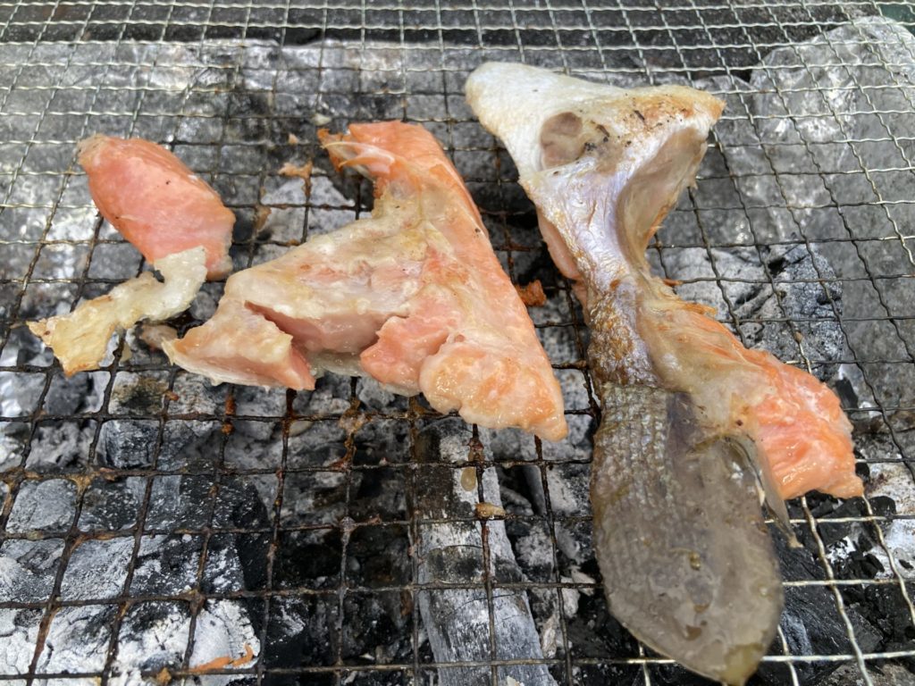 鮭のカマ部分をバーベキューで食べる