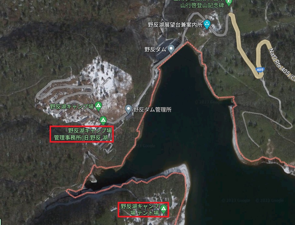 野反湖キャンプ場のテントサイトの距離をgoogle mapで見るとこれぐらい離れている