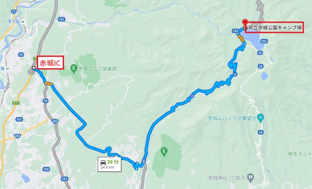 （無料）赤城公園キャンプ場へのアクセスは関越自動車道の赤城ICから下道で25kmで36分かかる