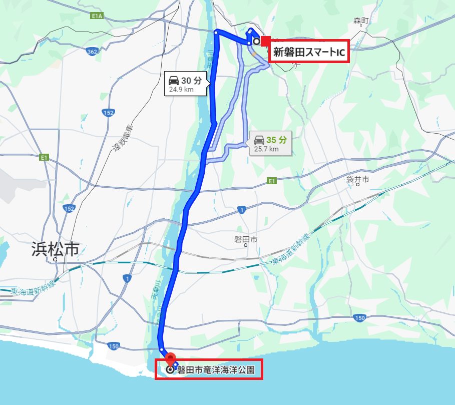 竜洋海洋公園の最寄りICは東名高速道路の新磐田スマートIC降りてからの下道25km　30分