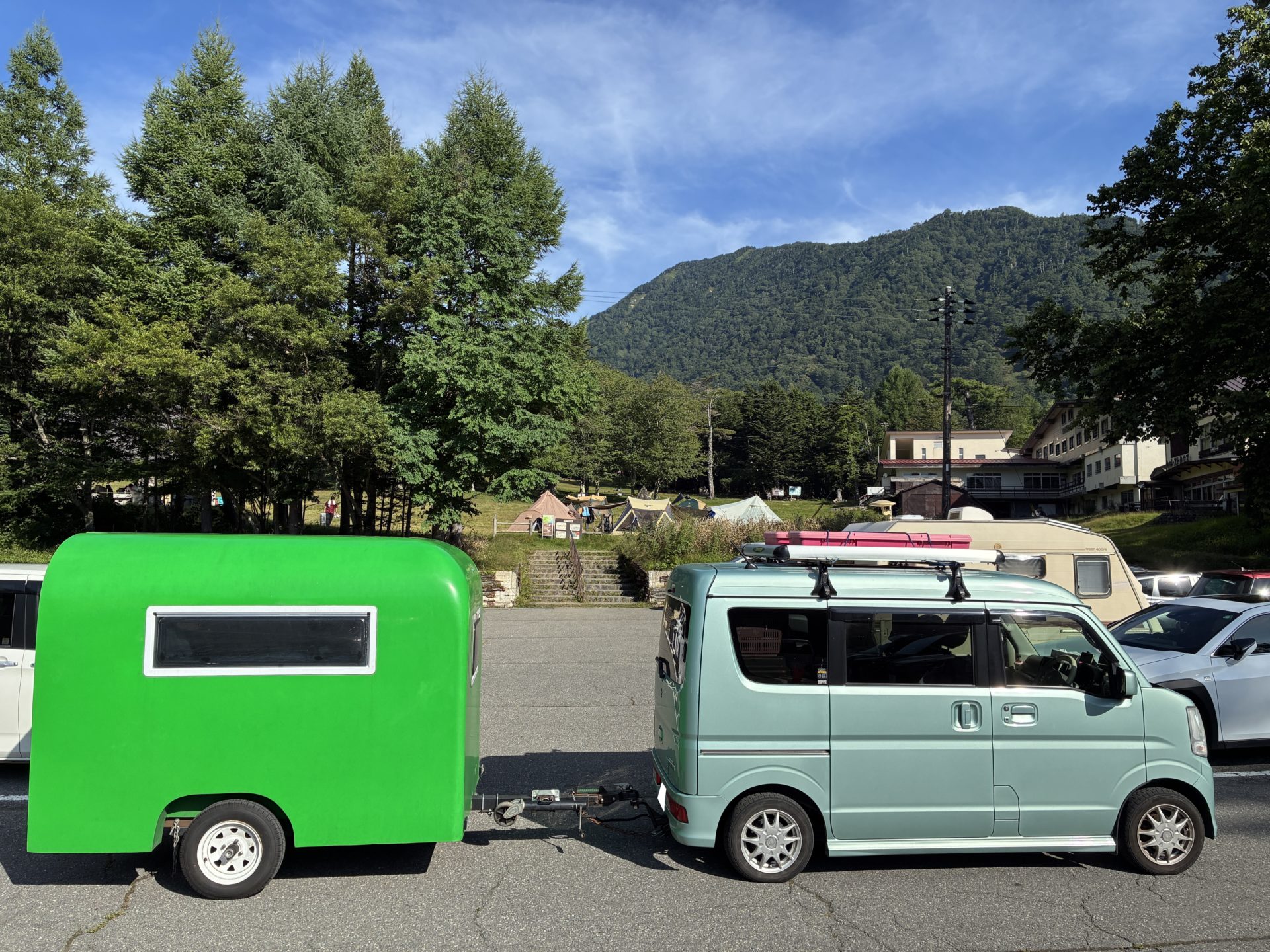 軽キャンピングトレーラーの幌馬車くんで行く湯の湖　日光湯元キャンプ場